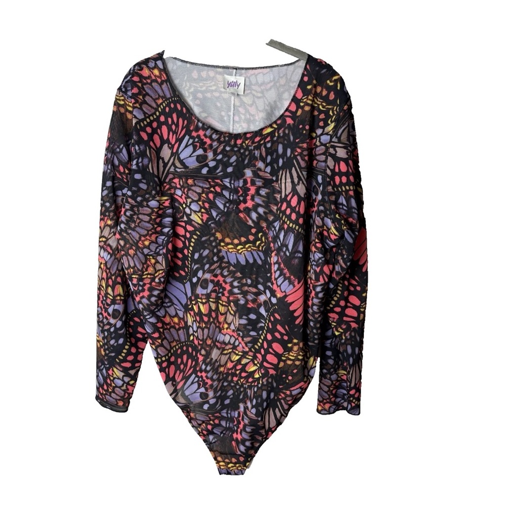 Yitty Mesh Me Smoothing Long Sleeve Thong Bodysuit Butterfly Print Plus Size 6X